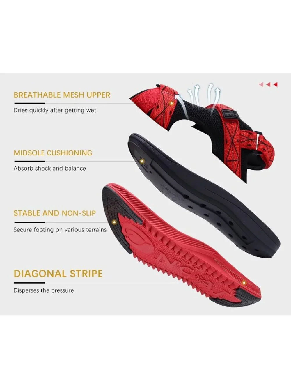 Men's Red Arch Support Mesh Athletic Thick Rubber Soles Hiking Sandal Shoes